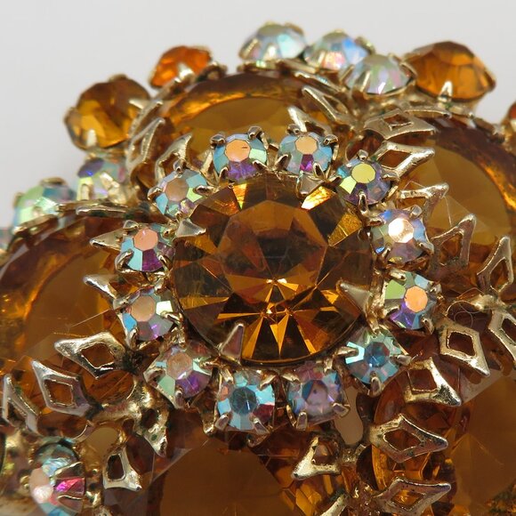 Juliana D&E Dog Toothed Pronged Orange and AB Stones Gold Tone Dome Brooch - Picture 7 of 11